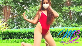 Vid4-Part4 Filipina Model Miyu Sanoh Showing Nipples and Camel Toe In Semi Transparent Red Monokini By The Condo Pool