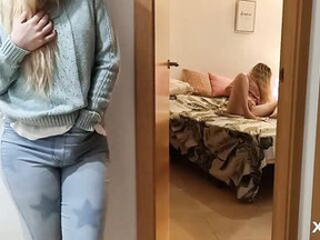 Lascivious blond is masturbating during the time that secretly watching her ally satisfying herself, in the bedroom