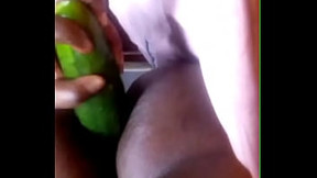 Ebony wife fuck big fruits in both holes for stranger
