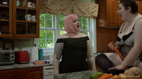 Fat lesbian couple fingering and eating pussy in the kitchen