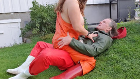 Riding big dick in orange rainpants and rubber boots - outdoor in bigg boobs