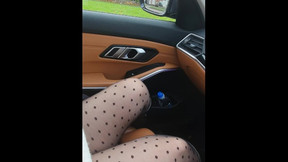 Step mom in sexy pantyhose get fucked in the car by step son while Husband buying food