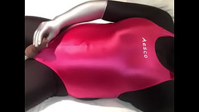 Cum on Red Shiny AESCO Swimsuit Outfit Cumshot