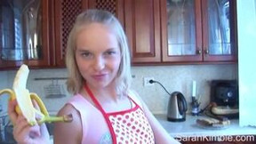 Kitchen cooking with Sarah Kimble and her small tits