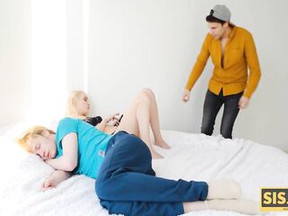 SISPORN. Male is resting on daybed not noticing blonde GF having sex with stepbro