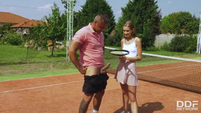 Babe in tennis uniform Tiffany Tatum blows big cock and gets fucked outdoor