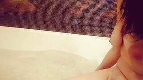 Girl with hairy pussy takes off her panties and bathes in a foam bath