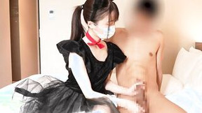 Japanese bimbos offer a bro a hand job using her underwear