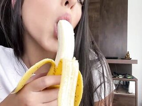 Nasty teen brunette hair, Lis Xxx is masturbating with a banana and groaning from joy whilst cumming