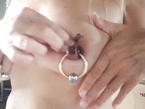 nippleringlover topless at home fake tattoos on pierced teats - pierced bazookas - large teat rings
