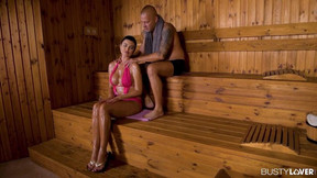 Busty hot milf ania kinski crams her mouth with a thick boner in the sauna