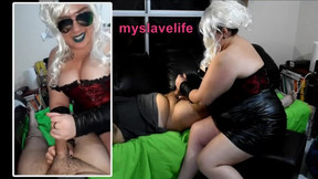 The slave is rewarded with handjob until cum! by BBW mommy Mistress in leather skirt