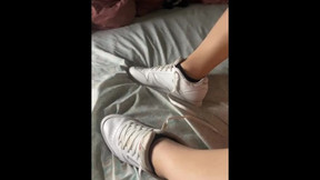 Horny wife love to cum In her white sneakers