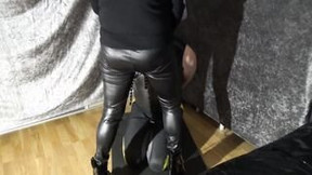 Fem Dom bound up man with yoga panel gag and leather hood