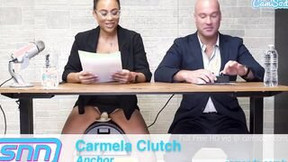 Camsoda News Network anchors riding sybian and give amazingly hot bj