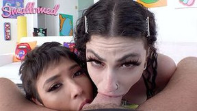 Brooklyn Gray and Lydia Black gag over cock